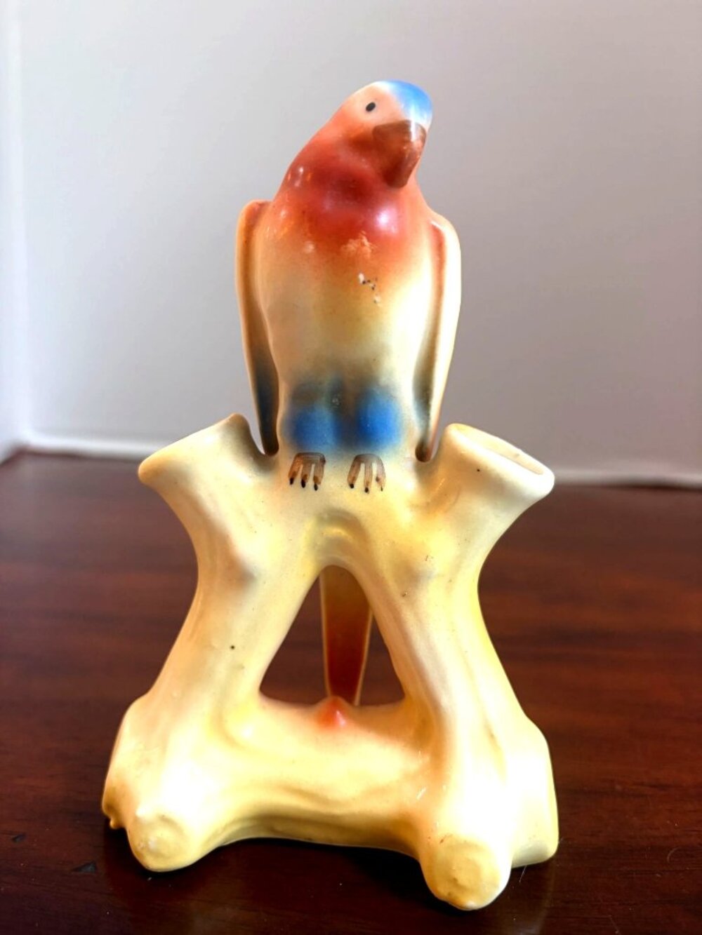 Vintage Czechoslovakian Flower Frog Vase Featuring a Parrot Perched on a Tree St